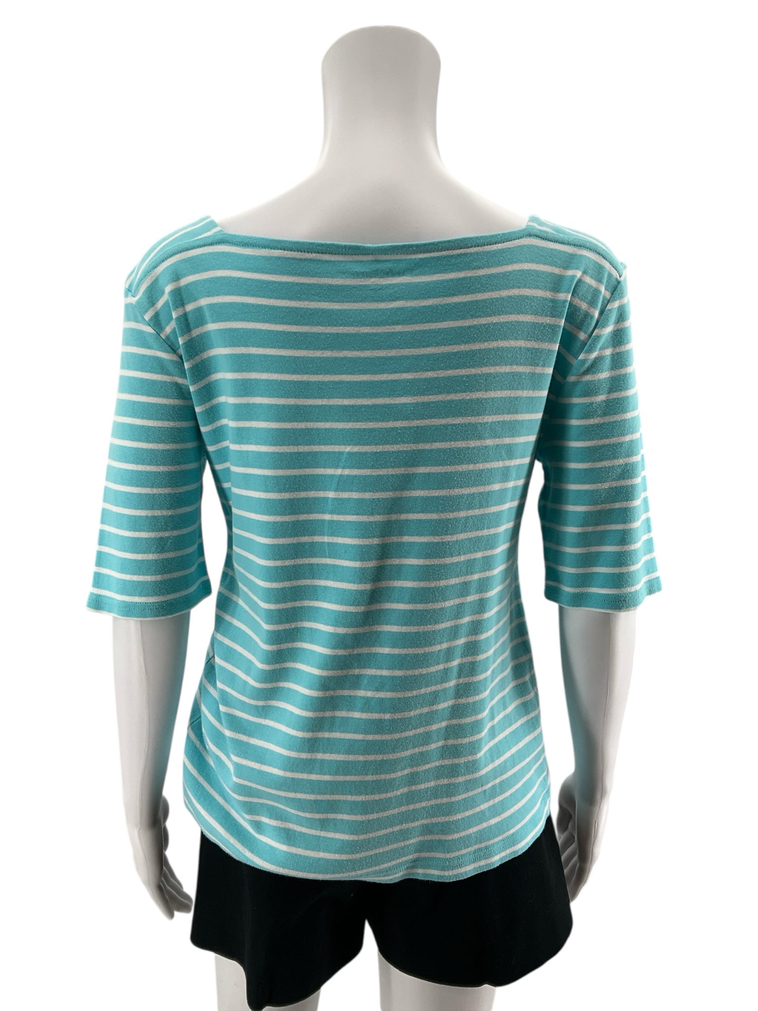 Croft &amp; Barrow Striped Boat Neck Top Size M Turquoise White 100% Cotton