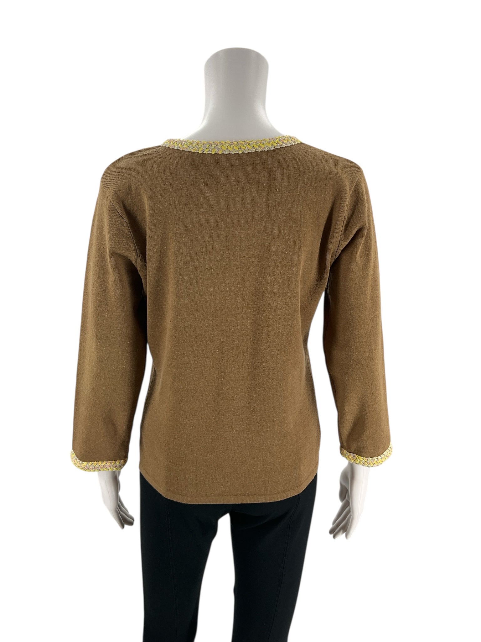 Back view of Don Caster Brown Zp Up Top - Size Medium showing plain brown fabric with tweed trim on neckline and cuffs.