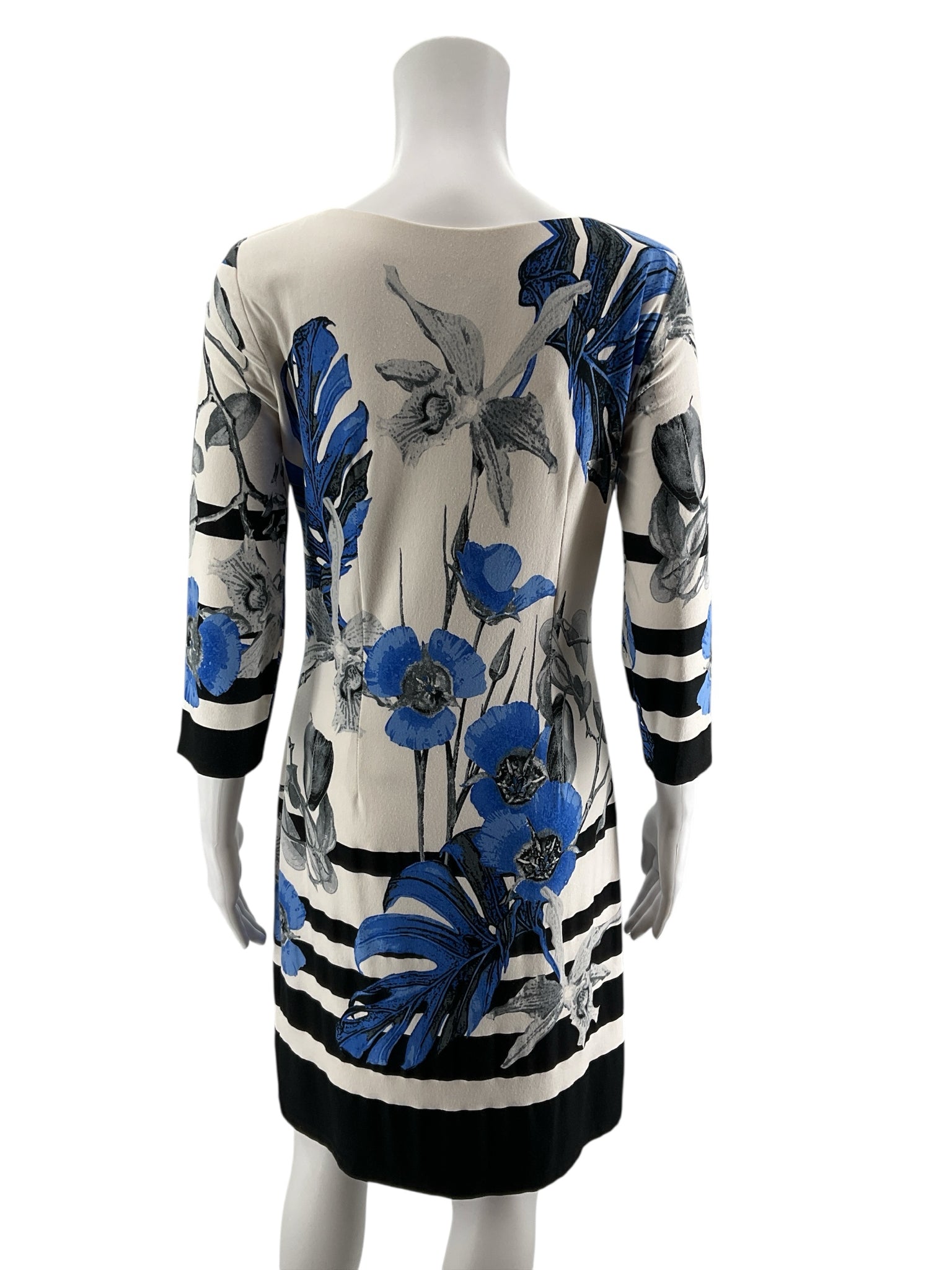 Cartise Floral &amp; Stripe 3/4 Sleeve Shift Dress Blue White Black Size 4