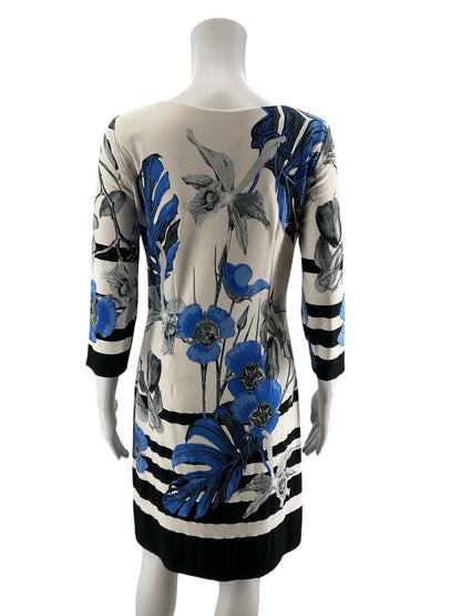 Cartise Floral &amp; Stripe 3/4 Sleeve Shift Dress Blue White Black Size 4
