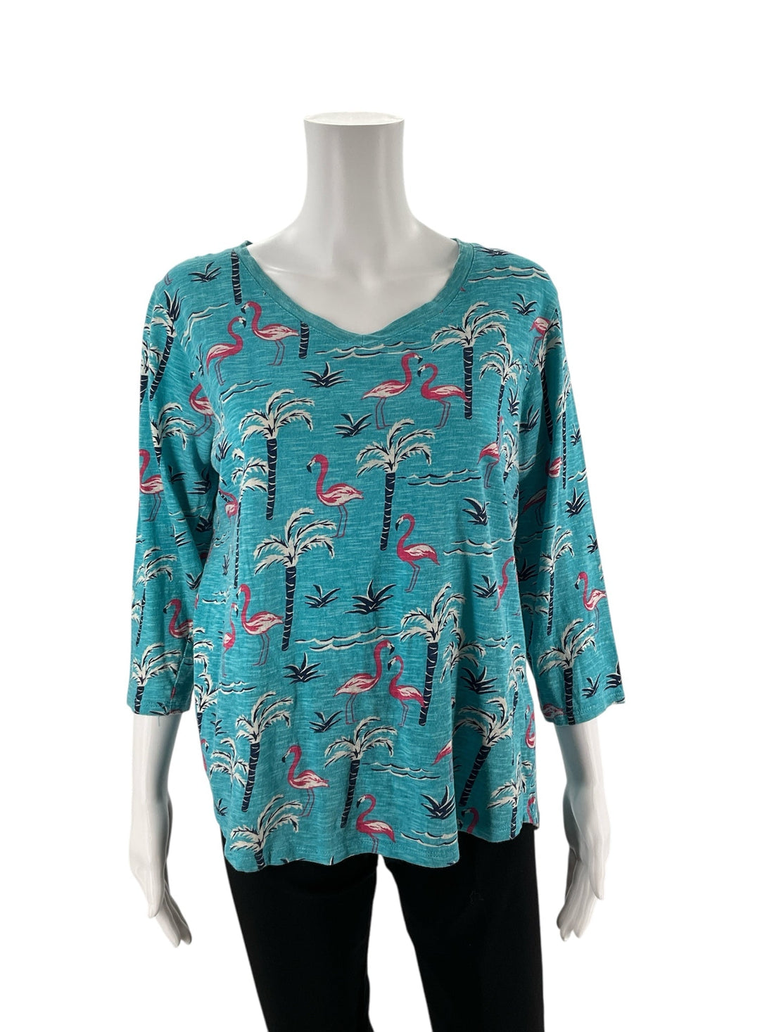 Sunsets &amp; Sweet Tea Turquoise/Multi Flamingo Ladies Top - Size Medium - Margaret’s Fine Consignment
