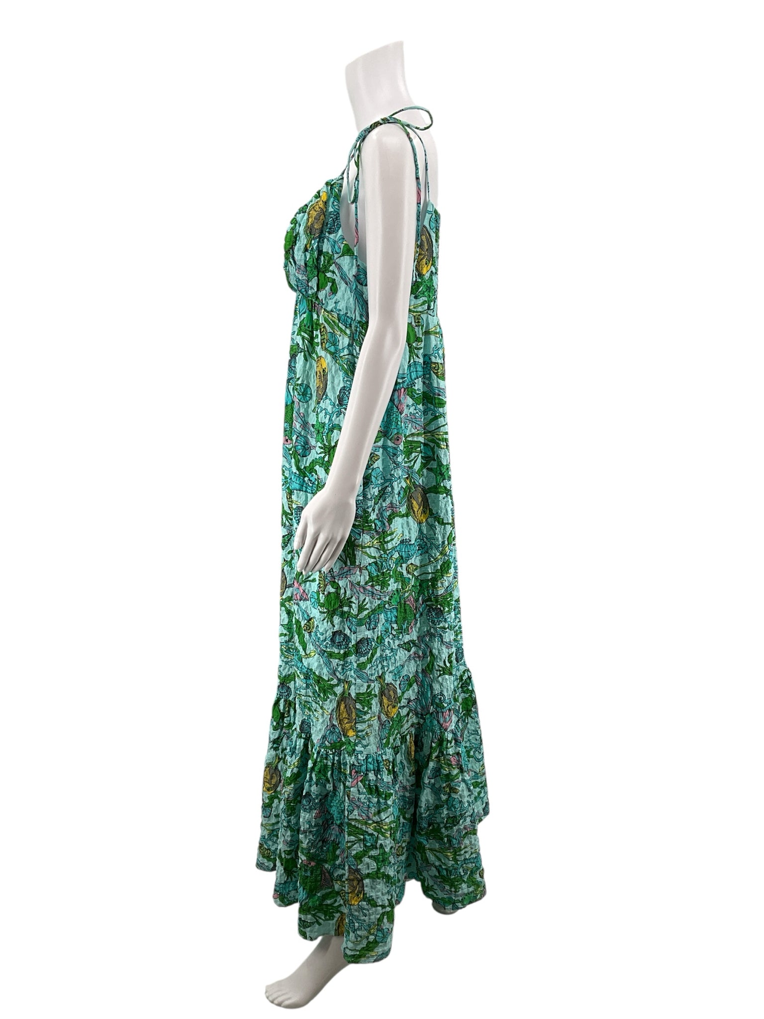 Kate Spade New York aqua/green/yellow Maxi, Sundress, A-Line, Tiered, Smocked, Resort Sea Wonder Fish Print Smocked Maxi Dress Size XL - Size XL