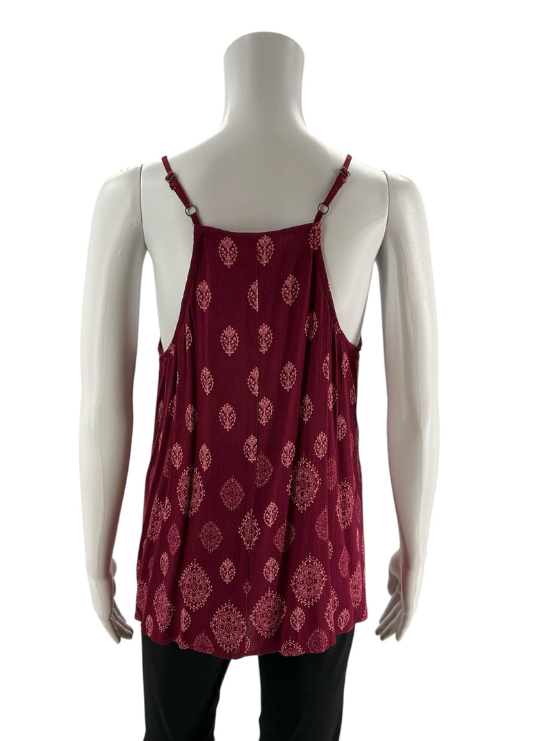 Back view of Luq maroon/pink racerback cami top on mannequin, highlighting adjustable straps and relaxed boho fit in size small.
