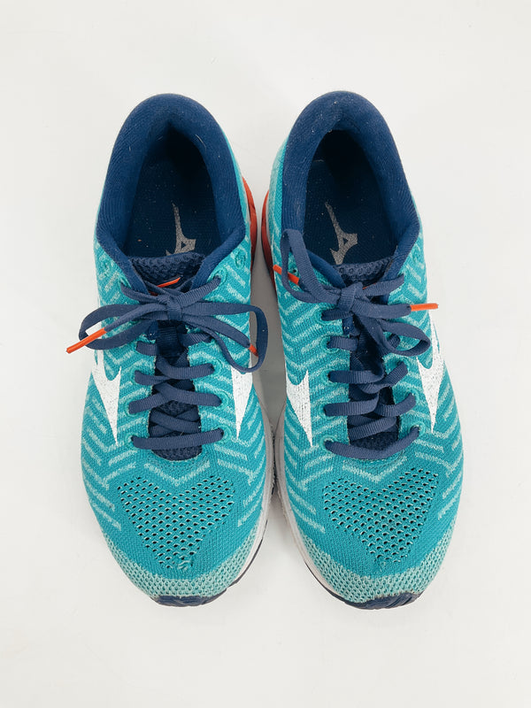 Top view of Mizuno Teal Logo Pre-Owned Ladies Sneakers - Size 8 featuring navy laces and breathable mesh design for comfort and style.