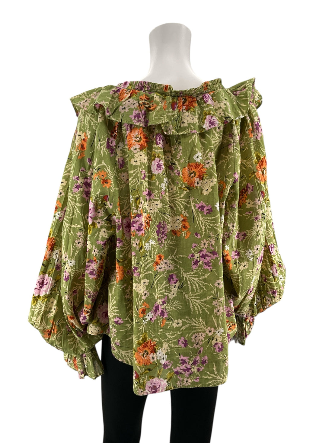 Anthropologie Green/Purple/White Floral Pre-Owned Casual Top - Size Large