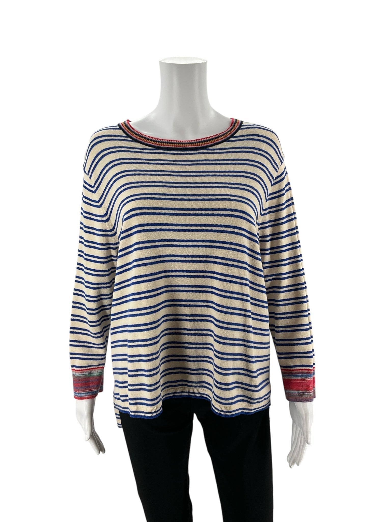 Cabi tan and blue striped pre-owned ladies top, size medium, featuring a casual pullover style and nautical design.