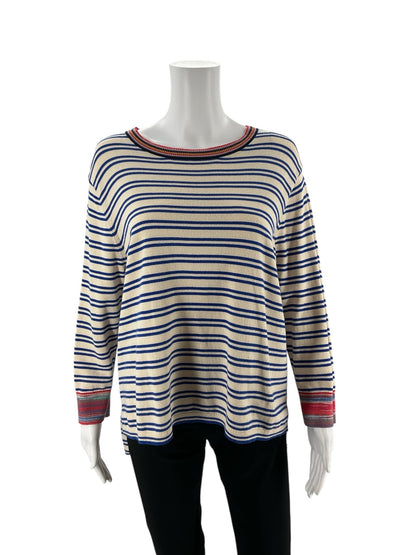Cabi tan and blue striped pre-owned ladies top, size medium, featuring a casual pullover style and nautical design.
