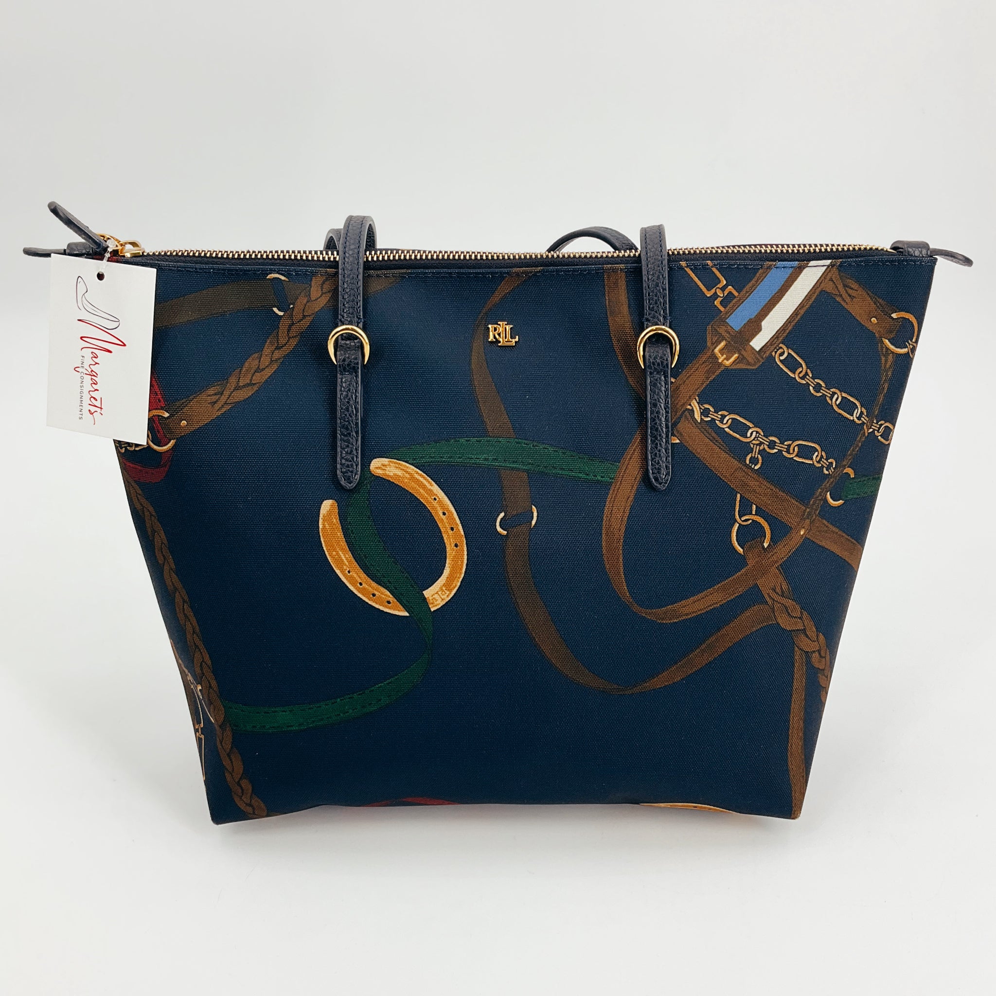Ralph Lauren Navy/Brown Horseshoe Tote Bag featuring equestrian-inspired print with gold horseshoes and leather strap accents, ideal for stylish everyday use.