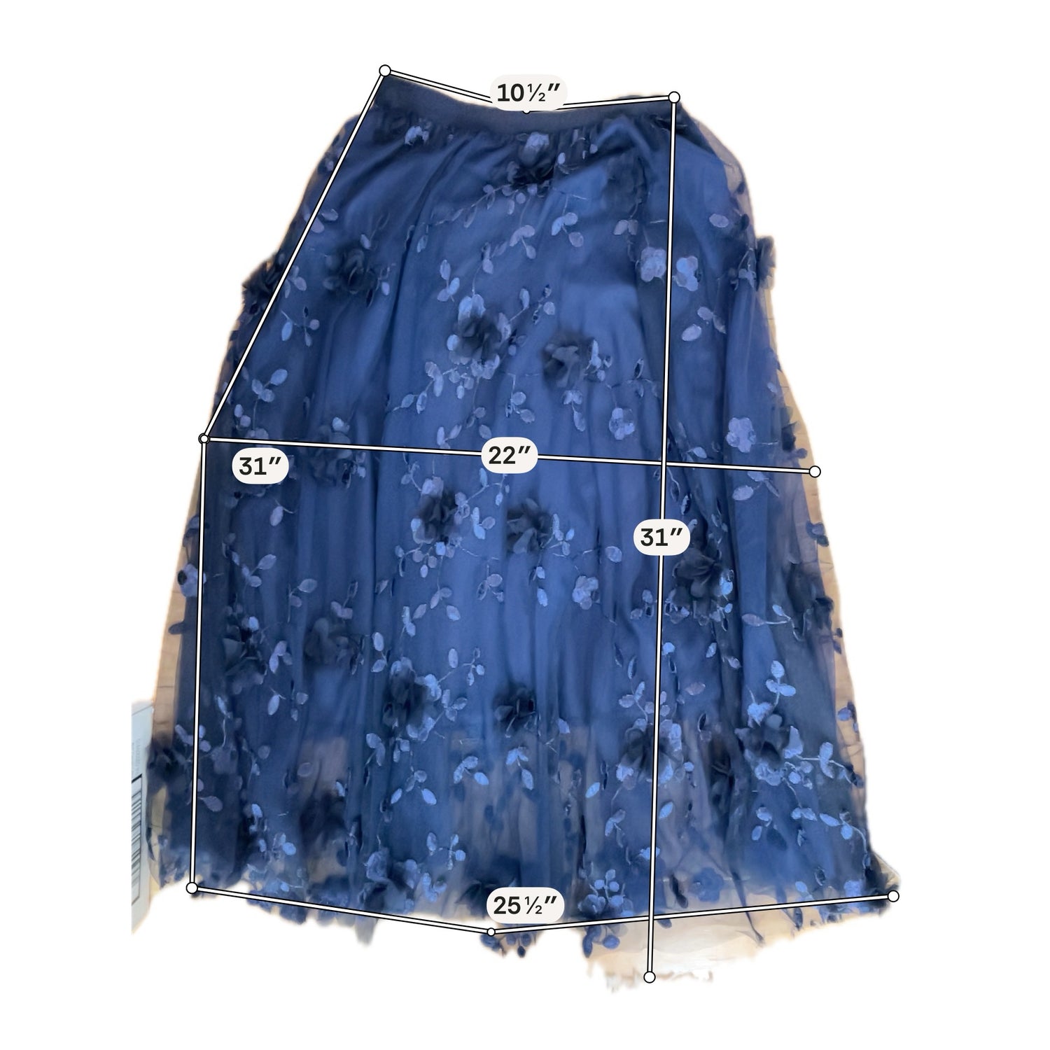 No Brand Navy Floral Embroidered Tulle A-Line Midi Skirt Size Small