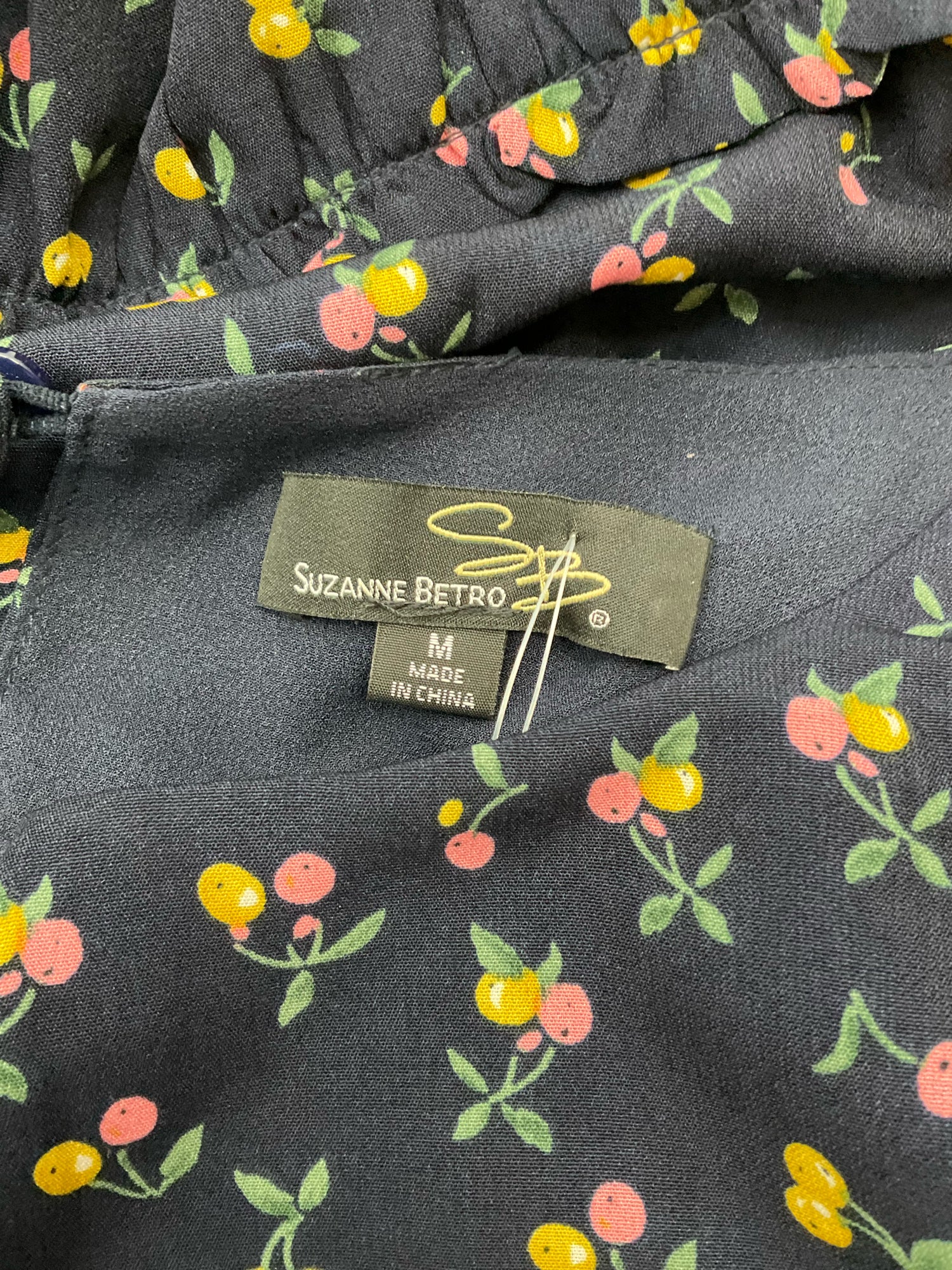 Suzanne Betro Navy Cherry Print Tiered Babydoll Dress Size Medium
