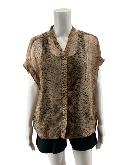 Blu Pepper Leopard Print Sheer Roll Tab Sleeve Blouse Top Brown Size Large