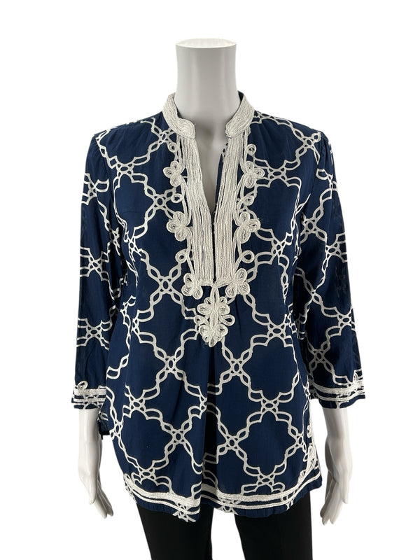 Charter Club Navy/White Print Pre-Owned Ladies Top - Size Small