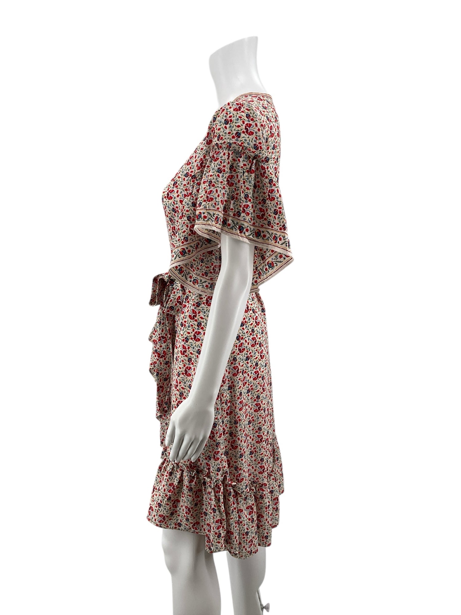 Max Studio Red/White/Blue Floral Red &amp; Blue Floral Faux Wrap Ruffle Dress Size Small - Size S