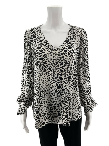 LOFT Black and White Abstract Animal Print Long Sleeve V-Neck Blouse - Size Large - ONLINE ONLY