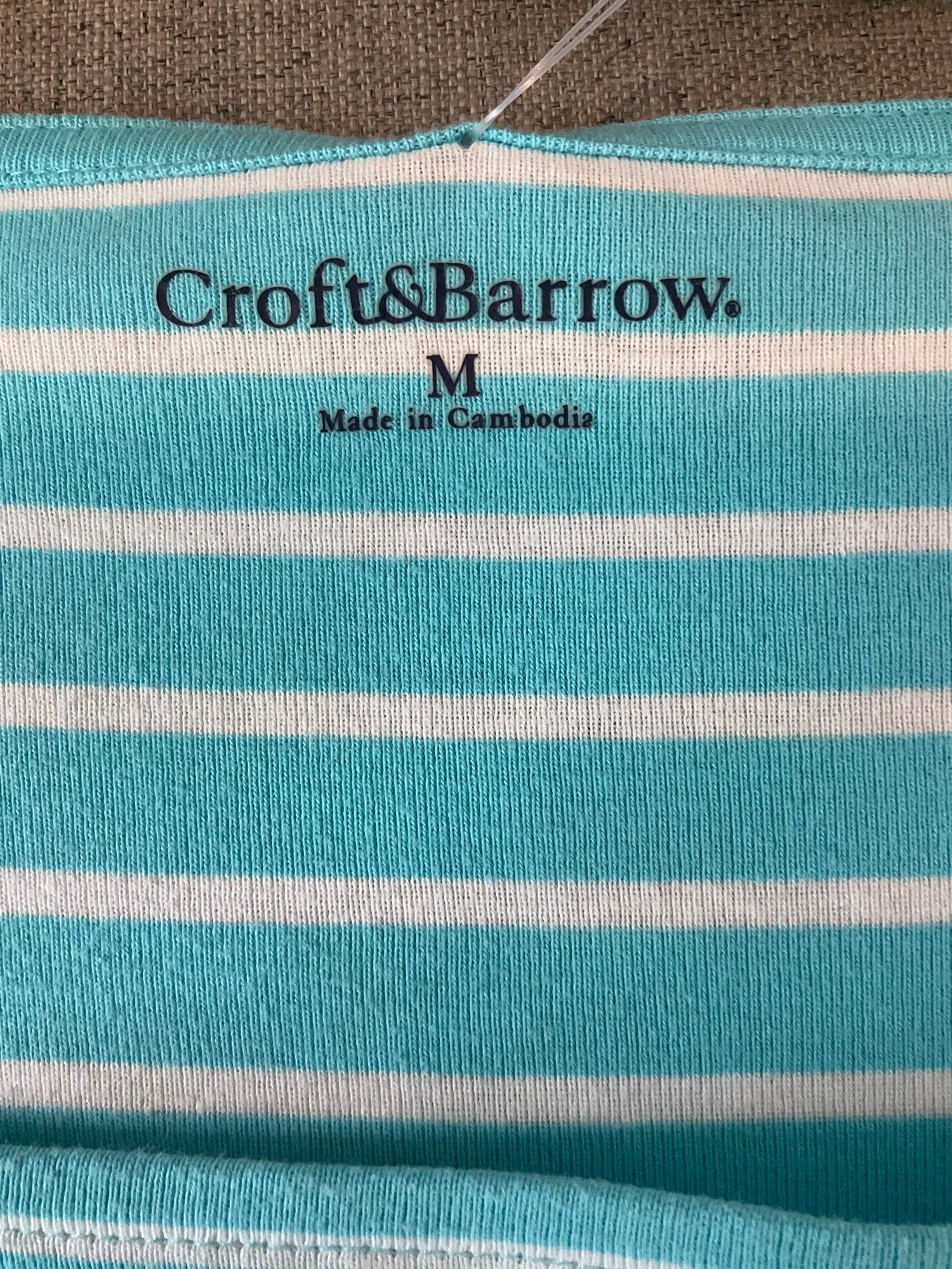 Croft &amp; Barrow Striped Boat Neck Top Size M Turquoise White 100% Cotton