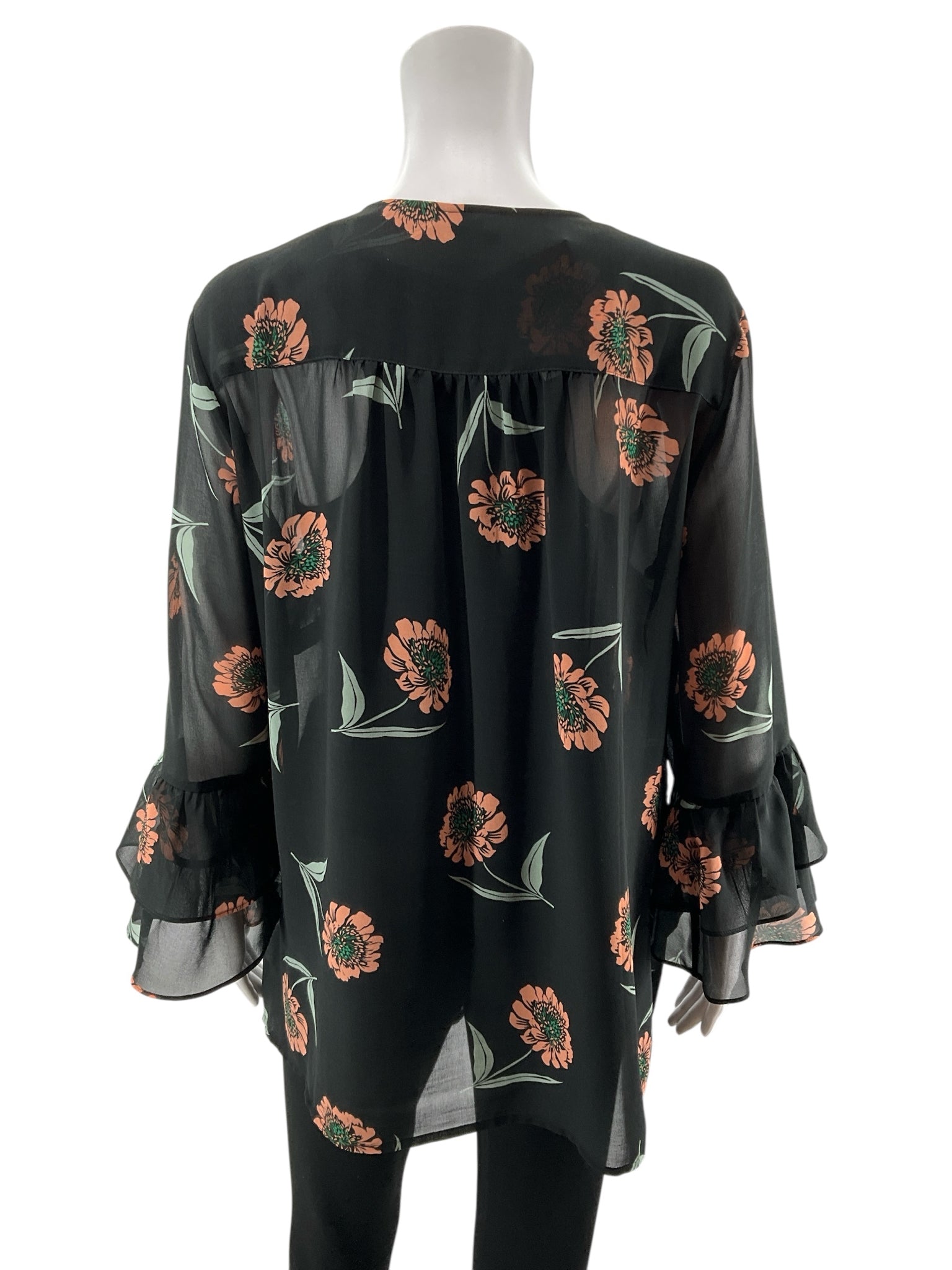 cabi Sundance Top Floral Tiered Ruffle Sleeve Blouse Size XL