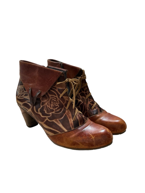 A.S.98 Floral Laser Etched Leather Ankle Boots Brown Lace Up Side Zip EU 37