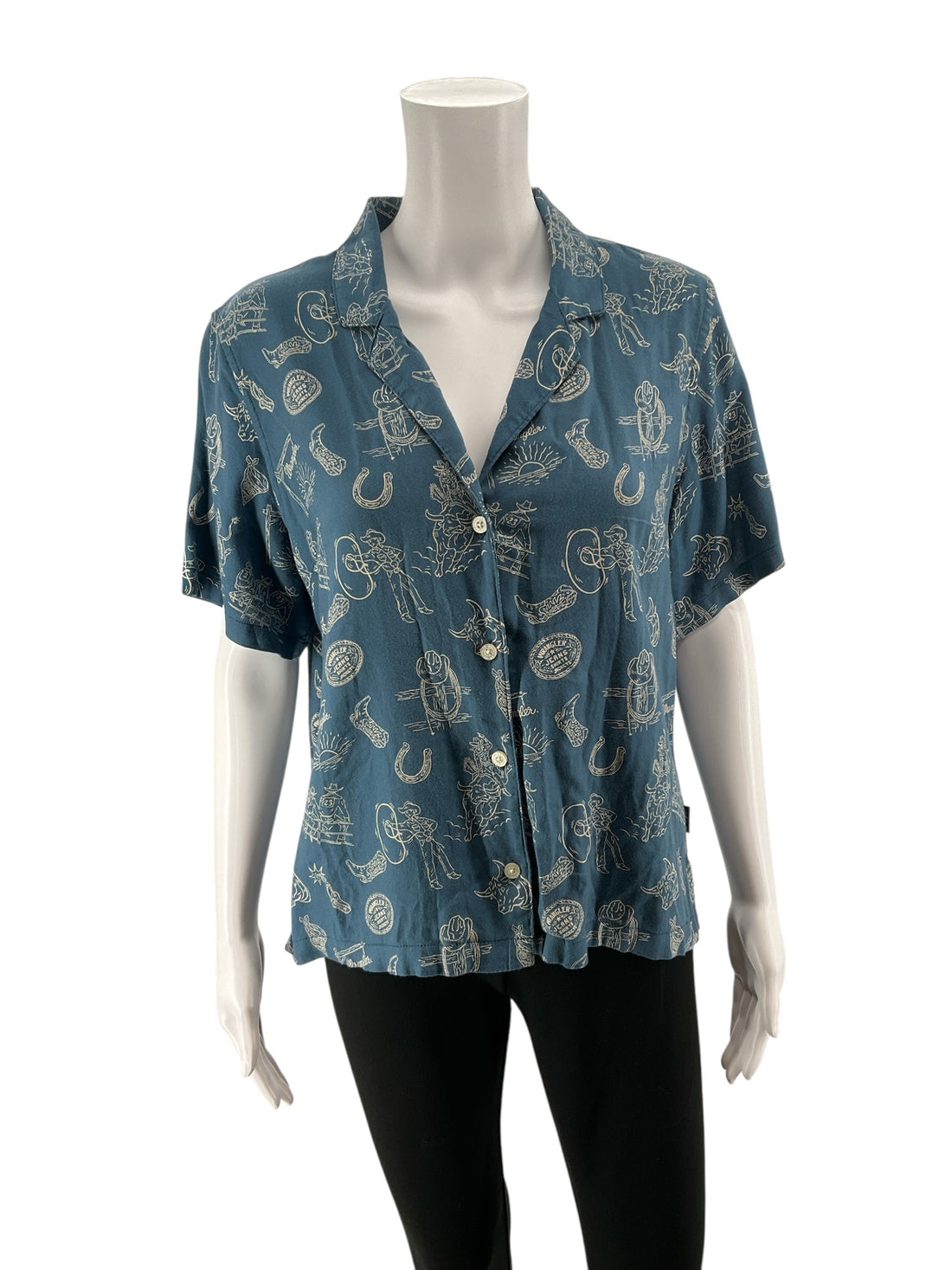Wrangler Blue/Tan Button Down Western Rodeo Print Camp Shirt Women&