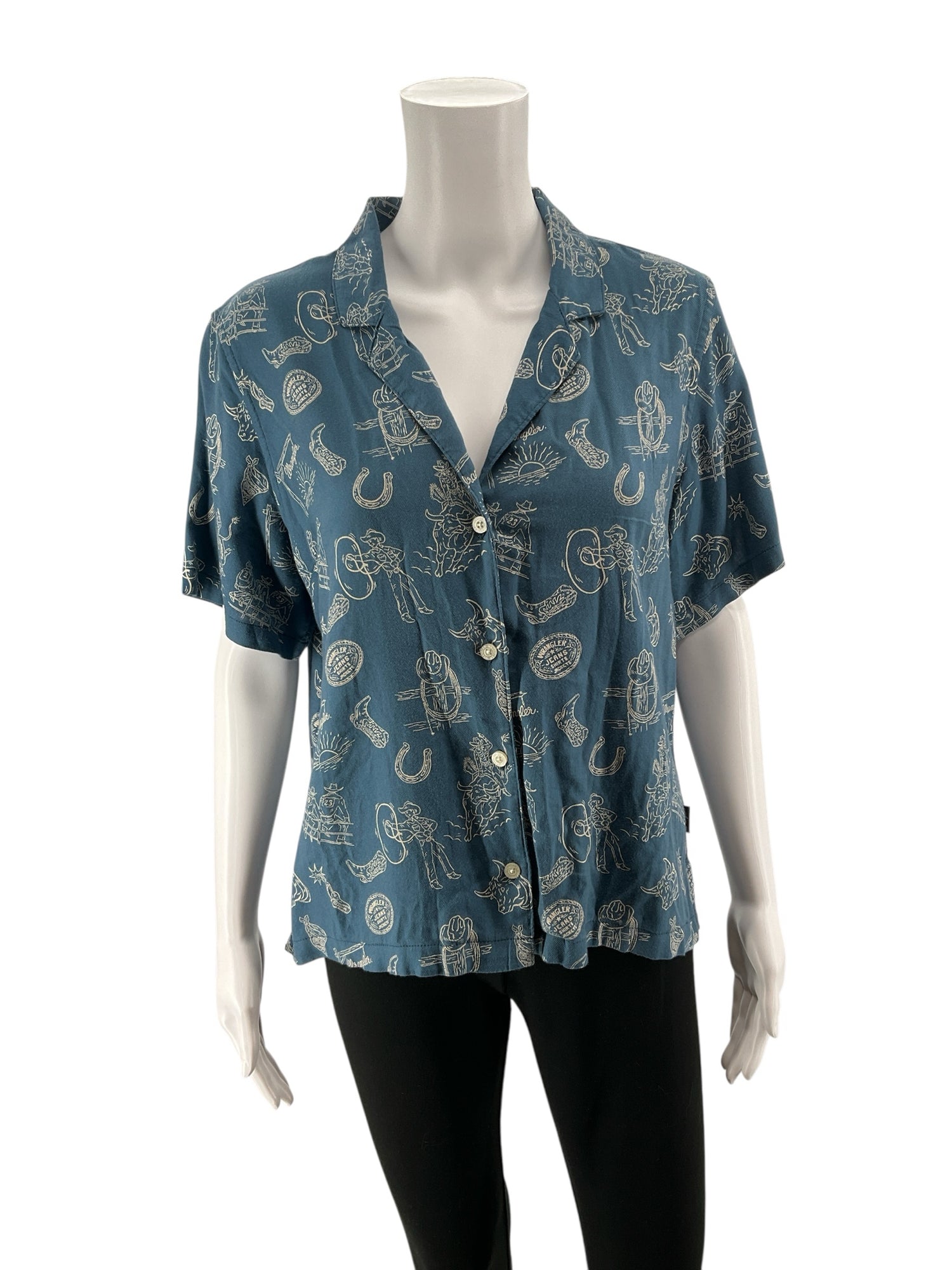 Wrangler Blue/Tan Button Down Western Rodeo Print Camp Shirt Women&