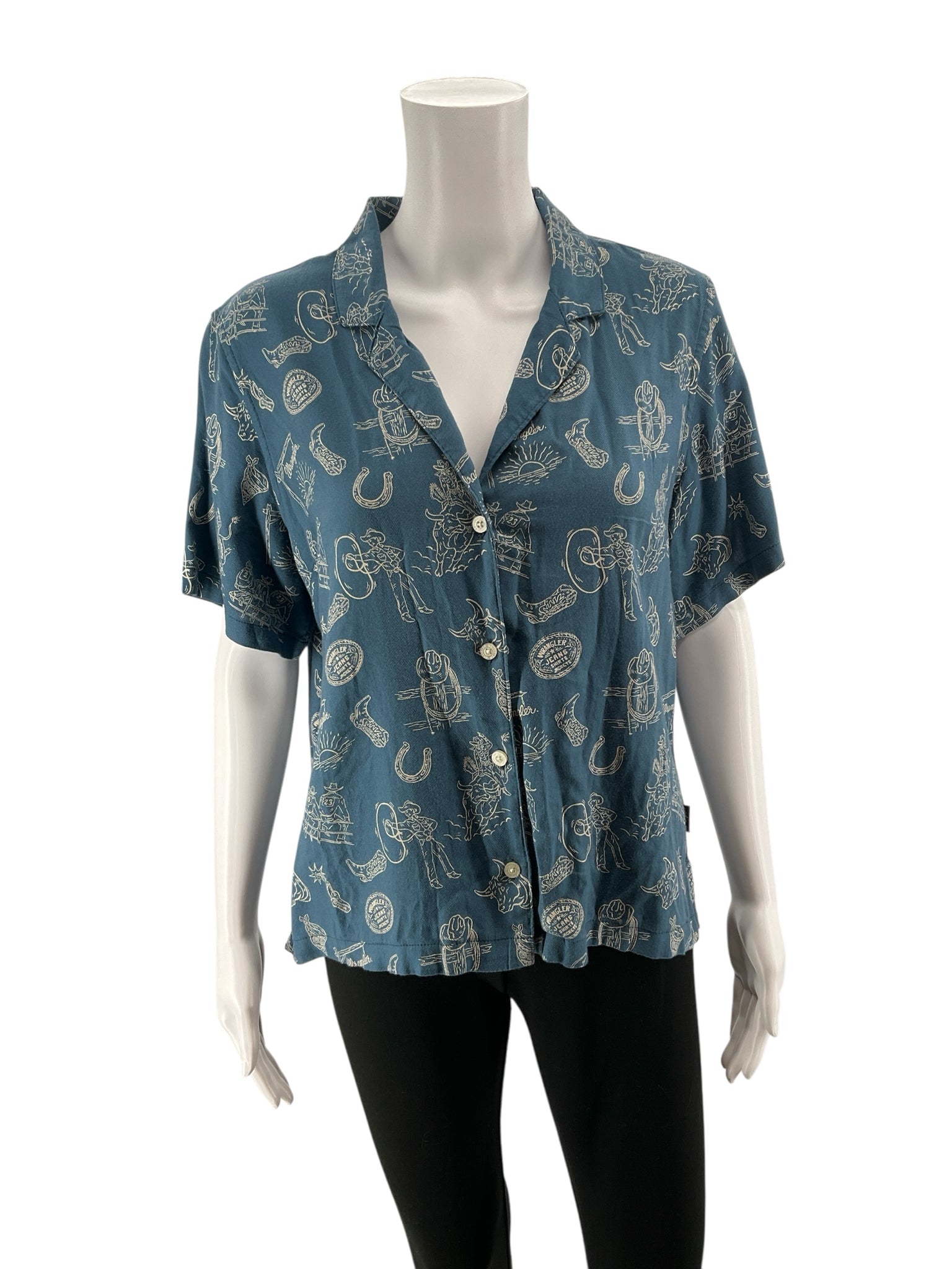 Wrangler Blue/Tan Button Down Western Rodeo Print Camp Shirt Women&
