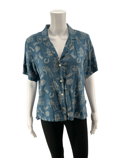 Wrangler Blue/Tan Button Down Western Rodeo Print Camp Shirt Women&
