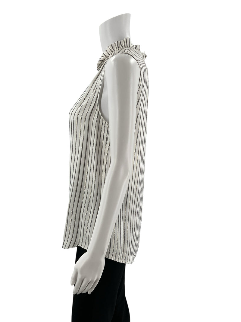 Side profile of Banana Republic White/Silver Striped Pre-Owned Ladies Top - Size XS highlighting flowy rayon fabric and high-low hem.