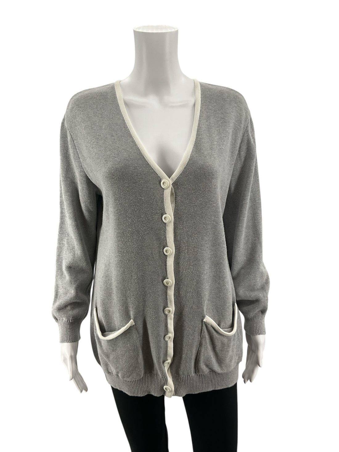 St. John Sport by Marie Gray gray/white Sweaters V-Neck Cardigan Sweater Heather Gray White Size Small - Size S