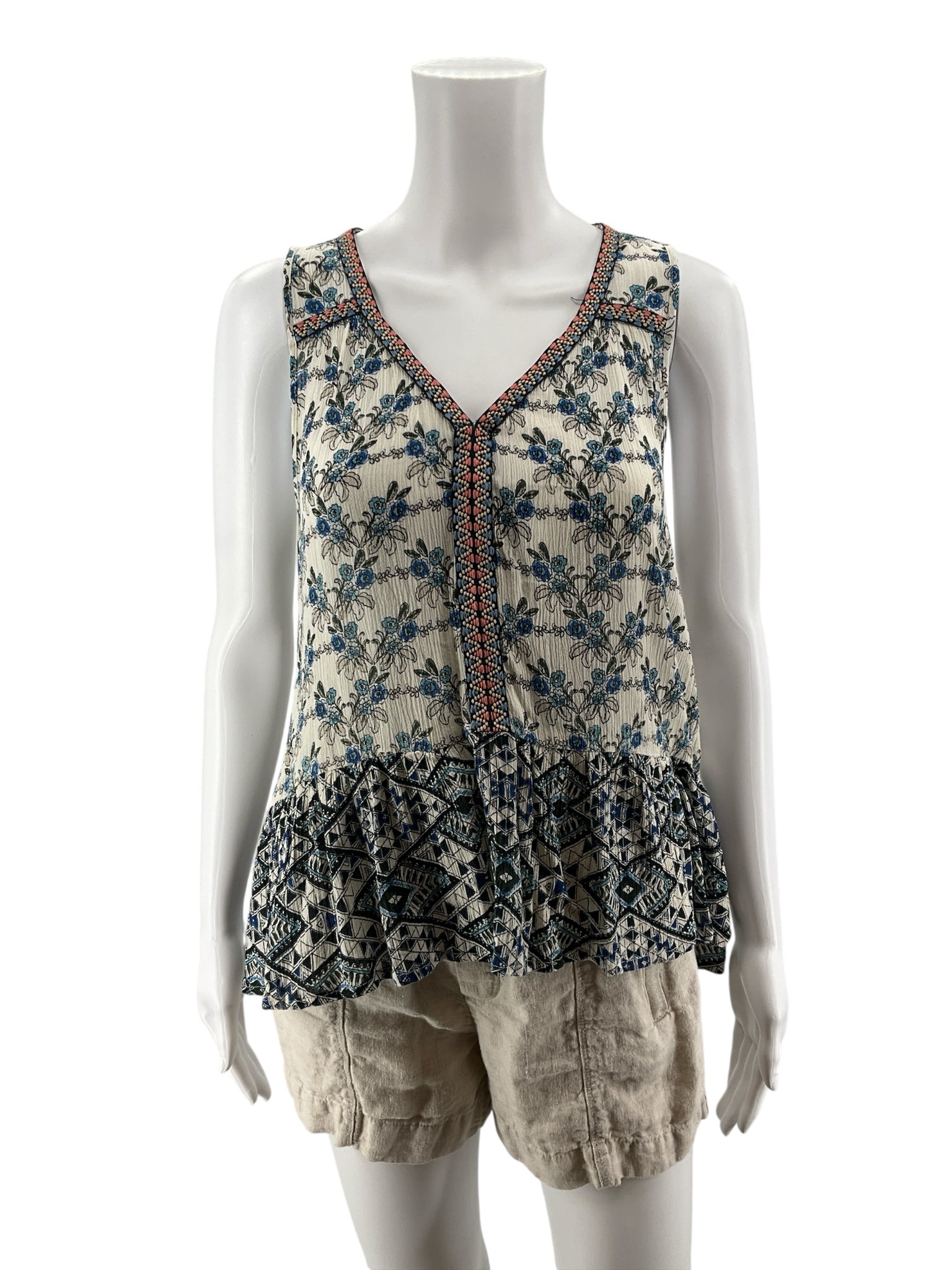 Patrons of Peace Floral Braided V-Neck Tunic Top | Size M | Bohemian Rayon Tank