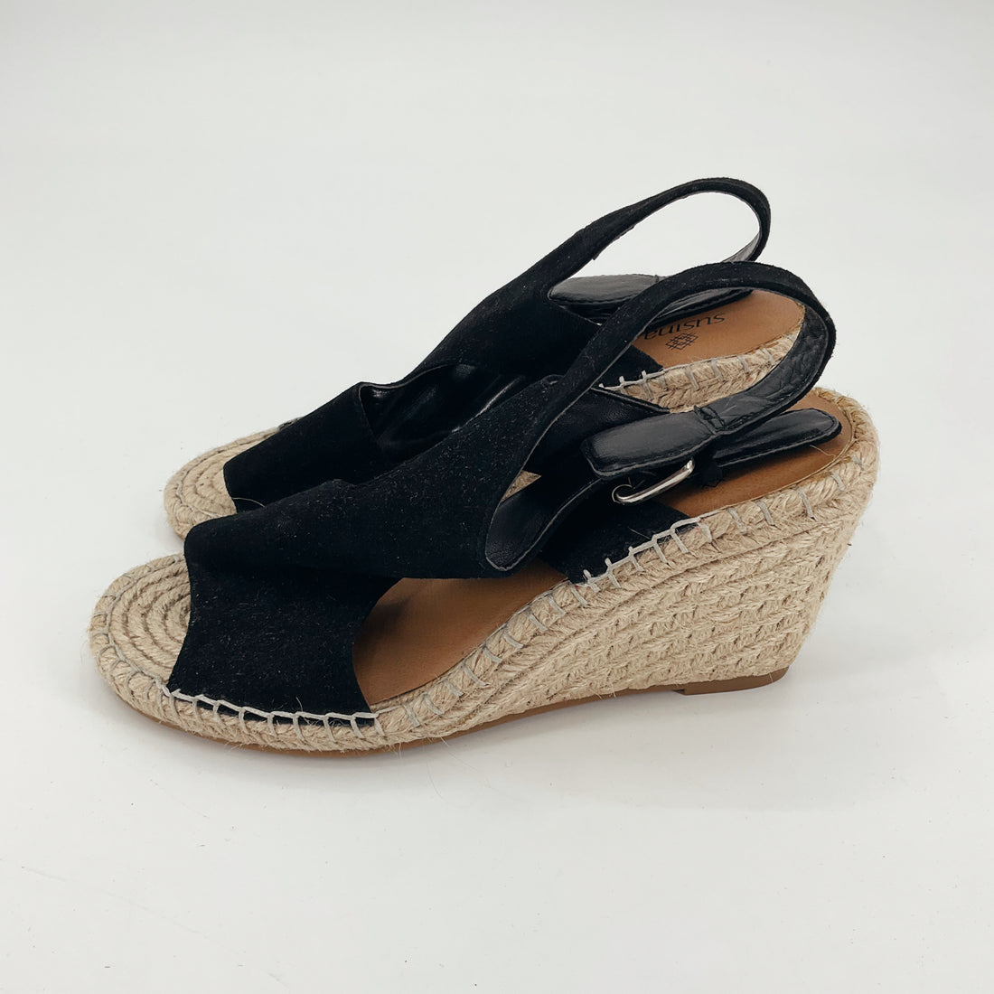 Susina Nola Black Faux Suede Espadrille Wedge Sandals Size 8 NWT