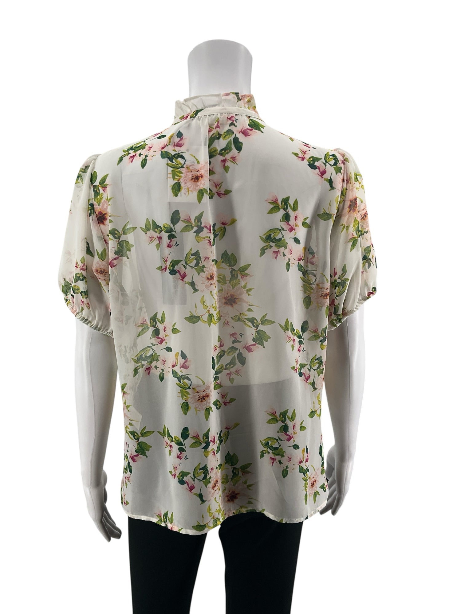 Eva Mendes for New York &amp; Company white/green/pink Short Sleeve Floral Ruffle Tie-Neck Blouse Size Medium NWT - Size M