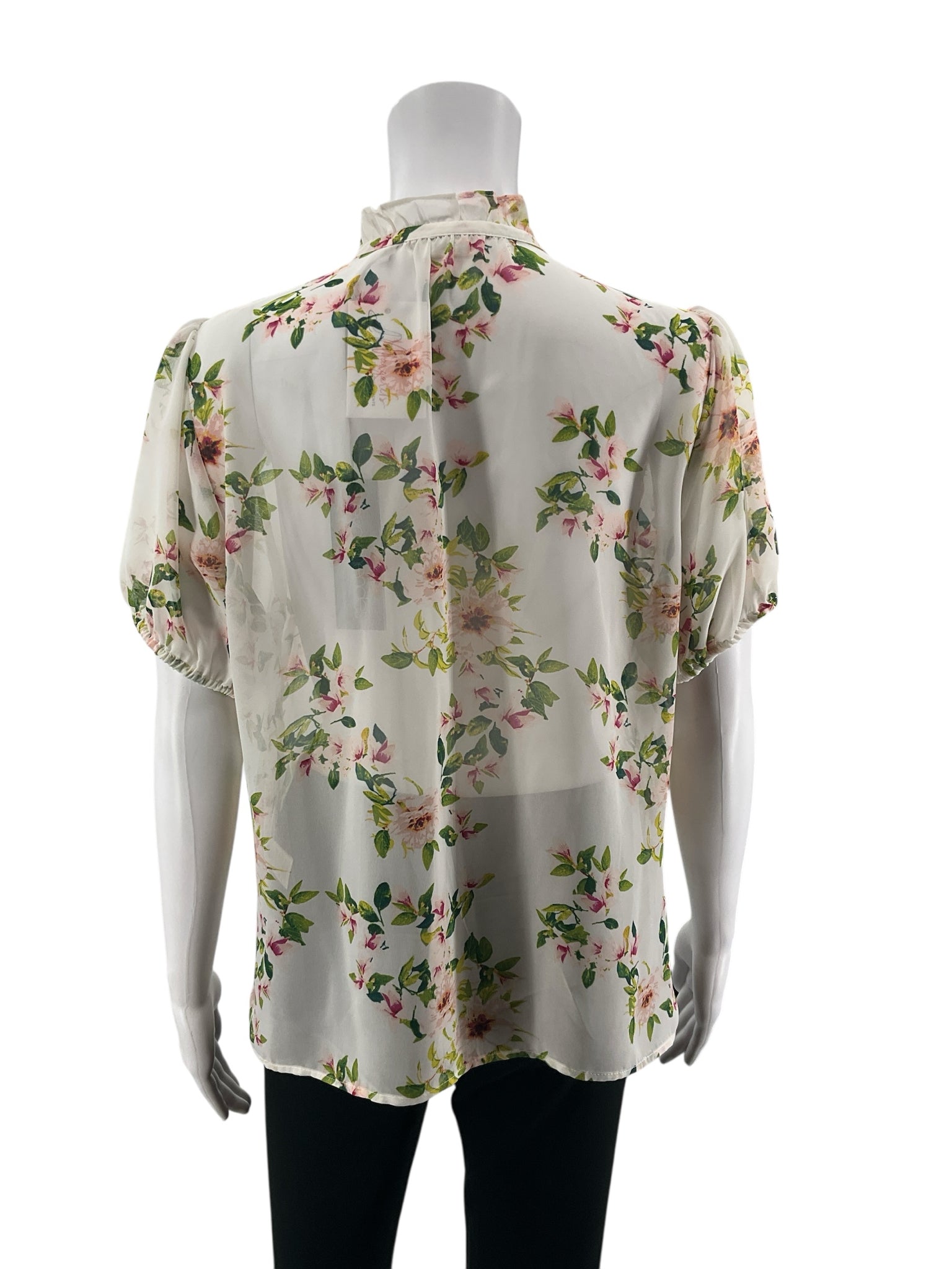 Eva Mendes for New York &amp; Company white/green/pink Short Sleeve Floral Ruffle Tie-Neck Blouse Size Medium NWT - Size M