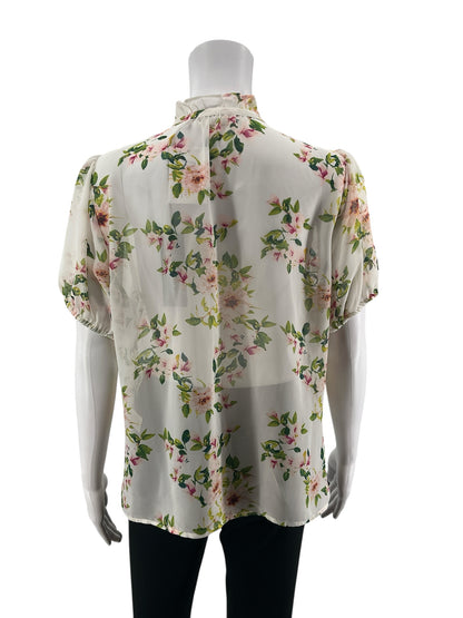 Eva Mendes for New York &amp; Company white/green/pink Short Sleeve Floral Ruffle Tie-Neck Blouse Size Medium NWT - Size M