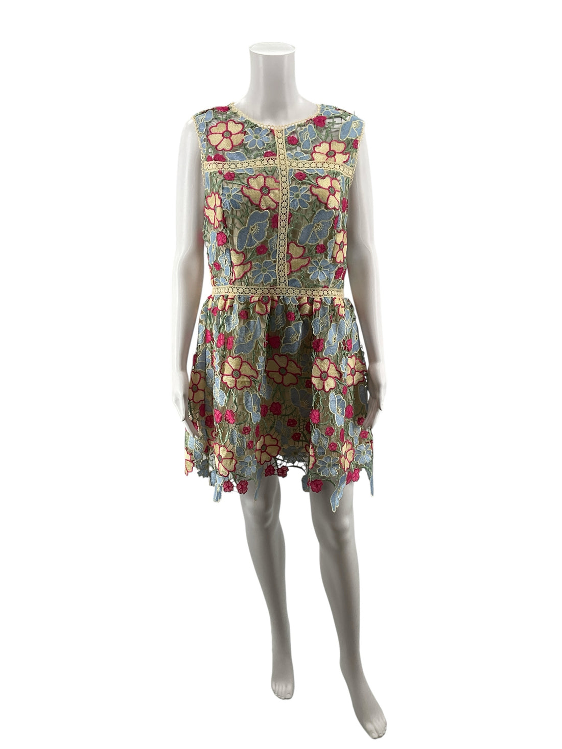 Just Me Tan/Blue/Pink Floral Pre-Owned Ladies Dress - Size Large