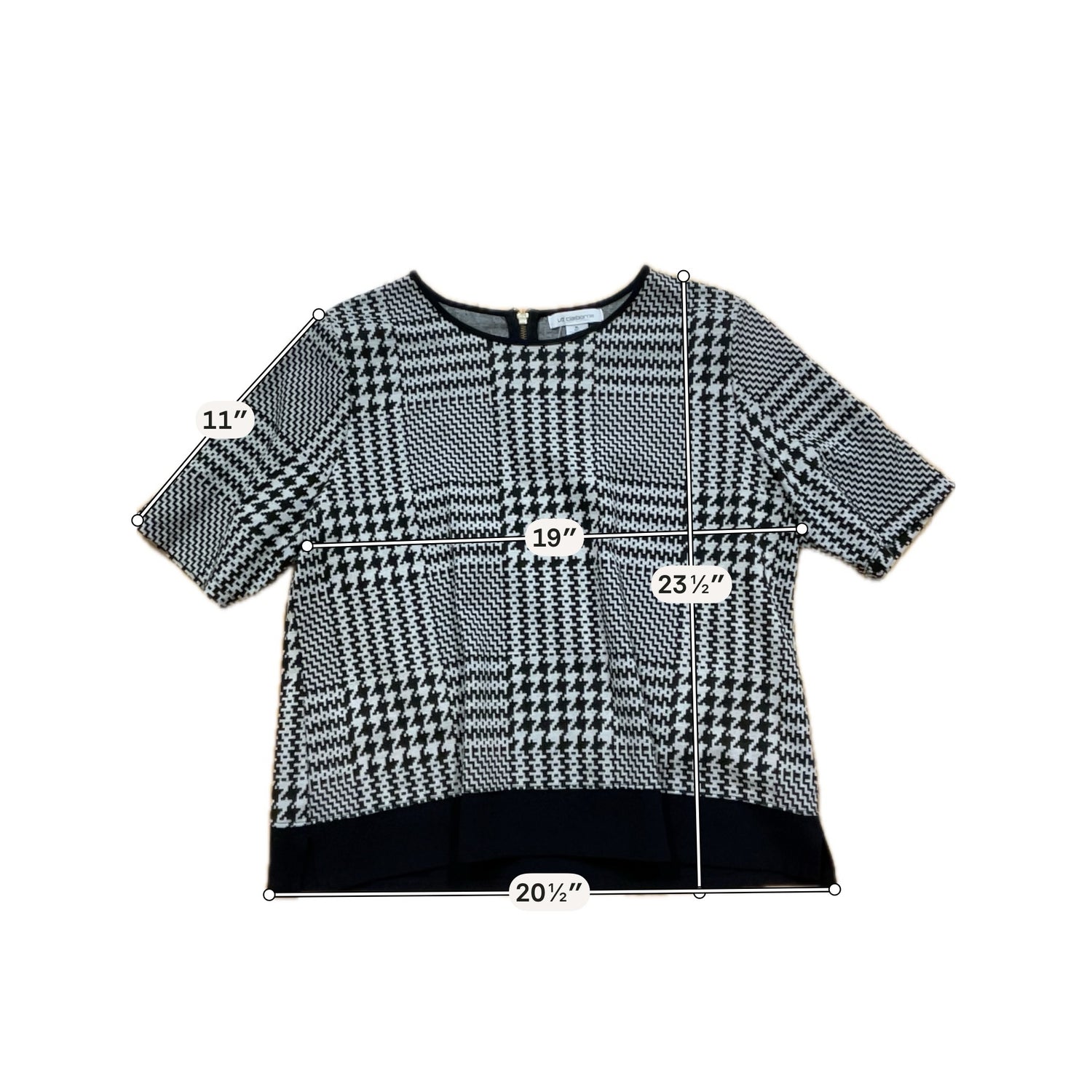 Liz Claiborne Houndstooth Jacquard Knit Tunic Top XL Black Gray Short Sleeve