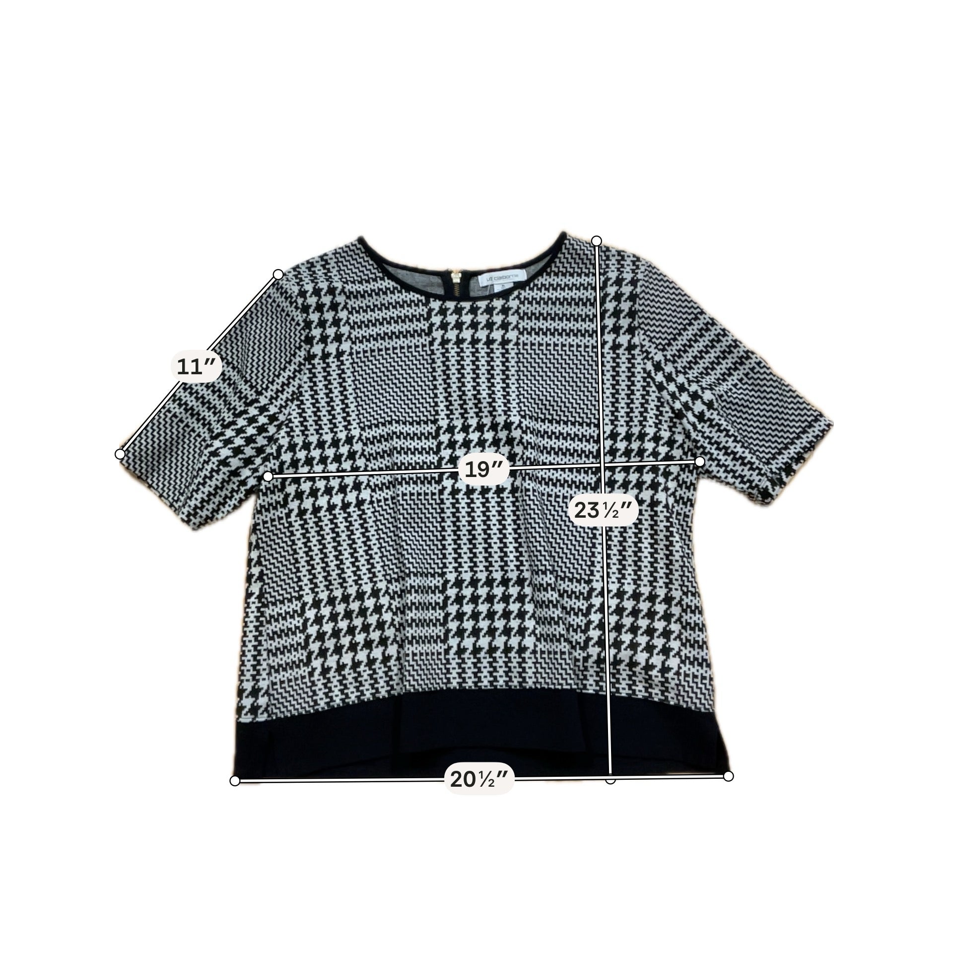 Liz Claiborne Houndstooth Jacquard Knit Tunic Top XL Black Gray Short Sleeve