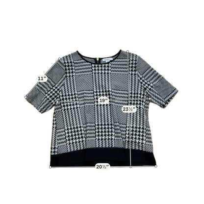 Liz Claiborne Houndstooth Jacquard Knit Tunic Top XL Black Gray Short Sleeve