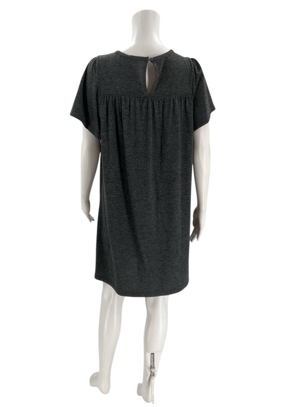 Back view of Loft Gray Solid Dress - Size Medium Petite featuring keyhole button closure and pleated yoke, gently used at Margaret's.