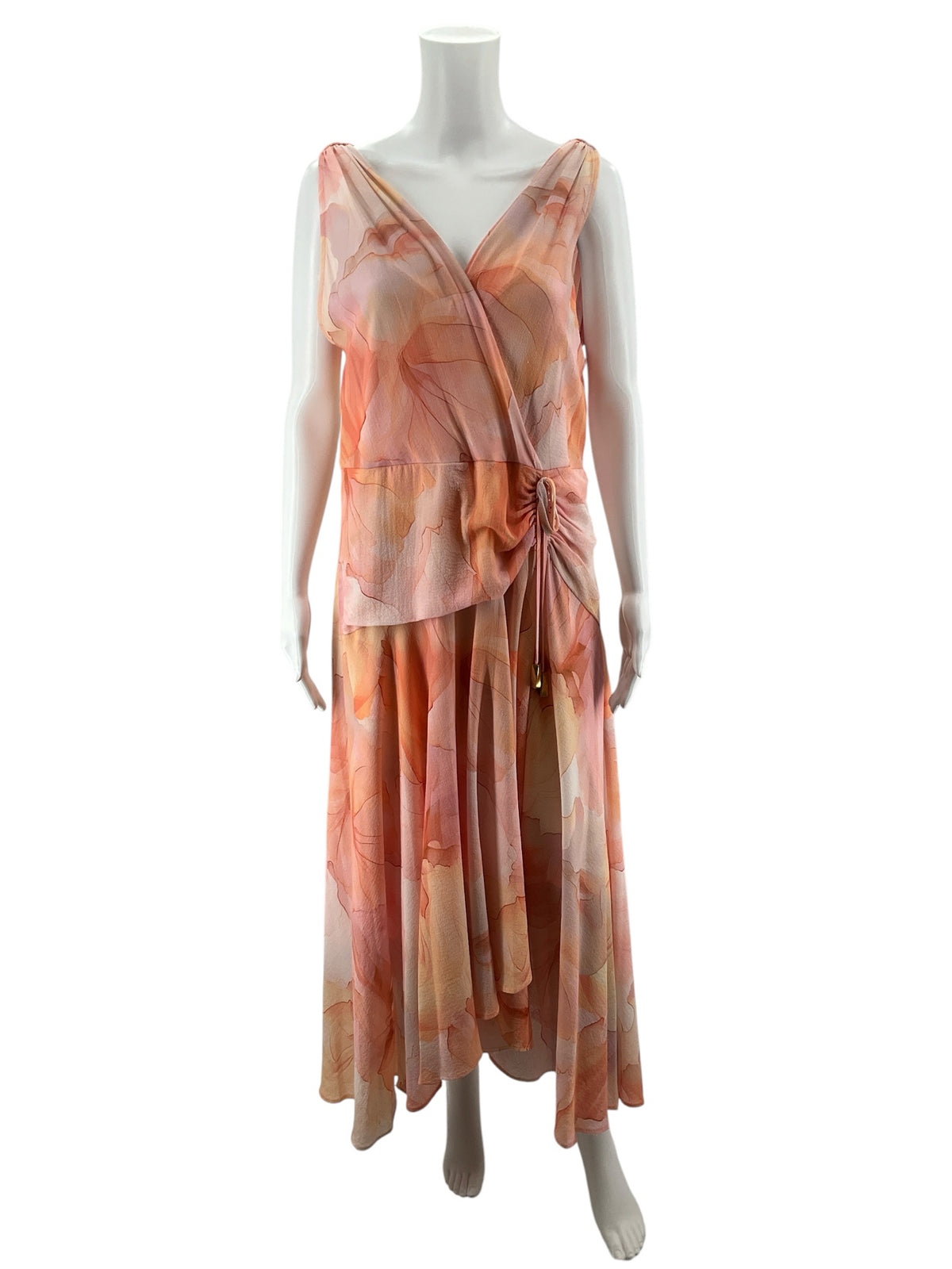 Donna Karan New York Floral Wrap Dress - Size 14 - Blush, Orange - ONLINE ONLY