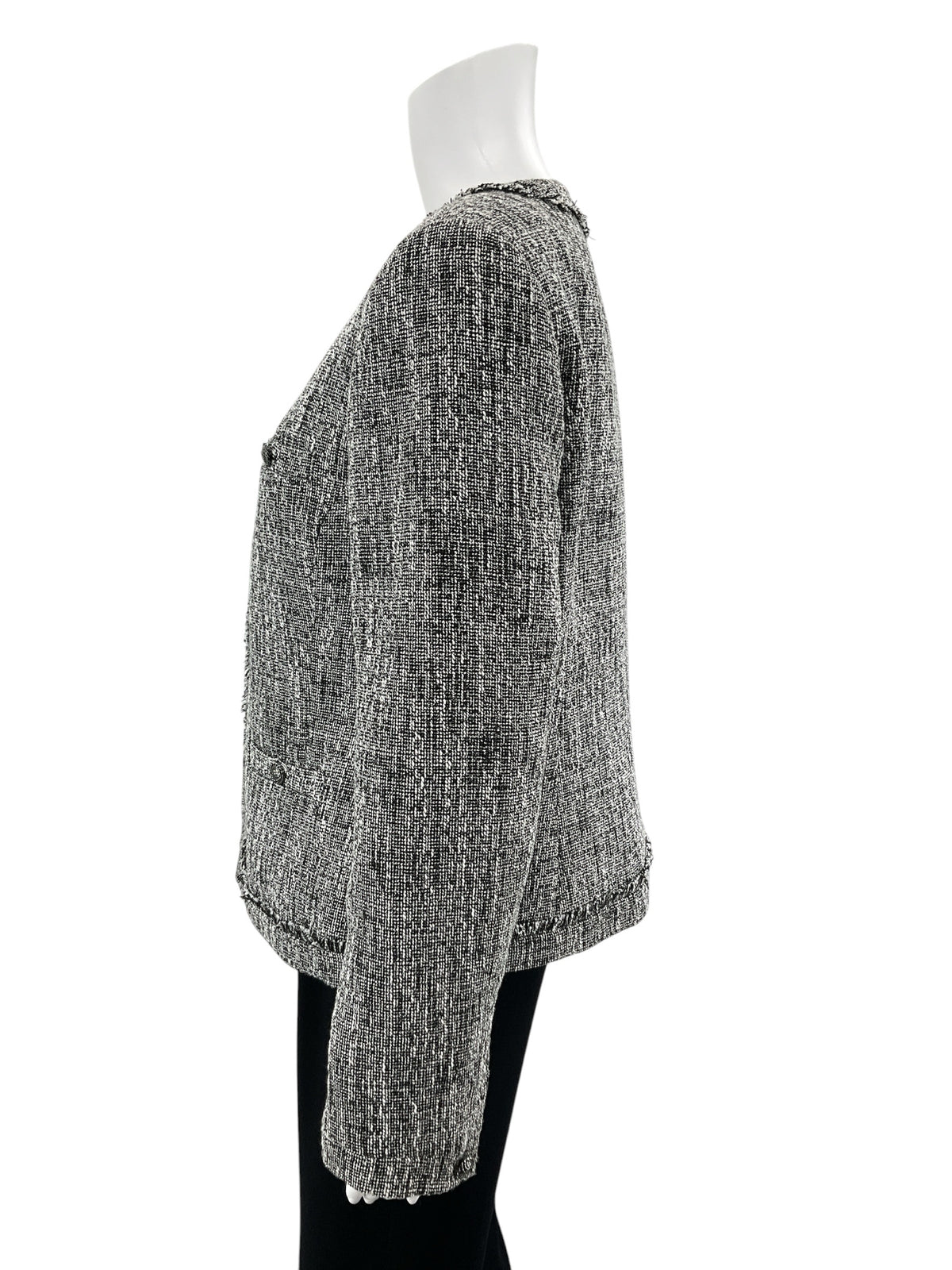 Karl Lagerfeld Paris Black &amp;amp; White Tweed Fringe Trim Bouclé Jacket Size 10