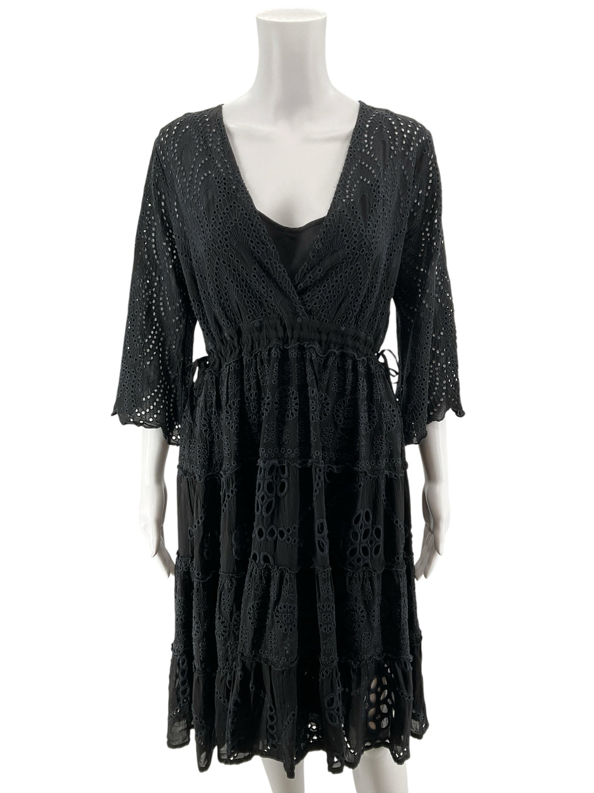 Johnny Was Black Eyelet V-Neck Boho Dress - Size XS - ONLINE ONLY