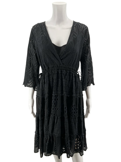 Johnny Was Black Eyelet V-Neck Boho Dress - Size XS - ONLINE ONLY