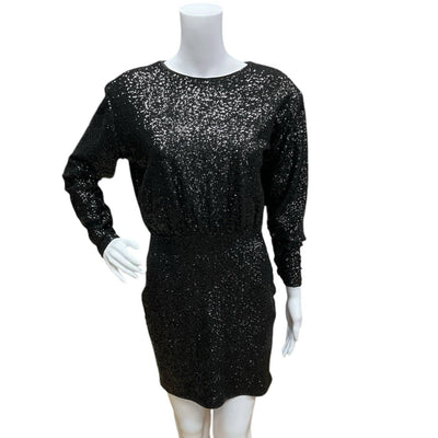 Black sequin dress by Express, size small, featuring a sleek design and tags attached, perfect for evening wear.