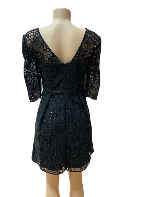 Milly Black Sequin Lace V-Back Cocktail Dress Elbow Sleeve Size 6 - ONLINE ONLY