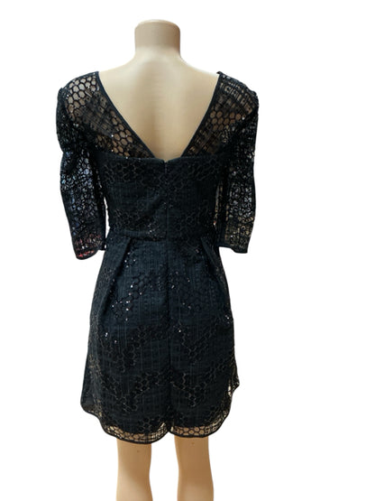 Milly Black Sequin Lace V-Back Cocktail Dress Elbow Sleeve Size 6 - ONLINE ONLY