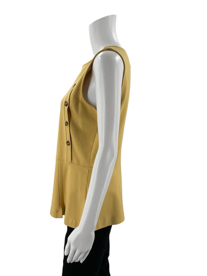 Ann Taylor mustard peplum blouse with buttons, sleeveless, size medium, ideal for career wear.