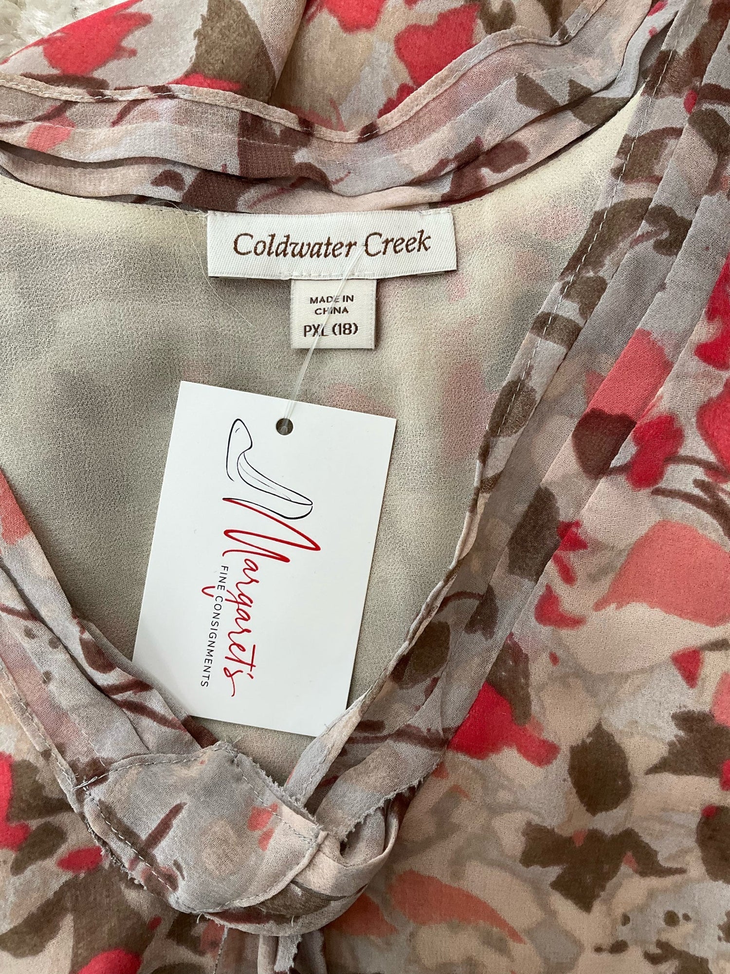 Coldwater Creek Tan/Coral Floral Pre-Owned Ladies Top - Size XL Petite - Margaret’s Fine Consignment