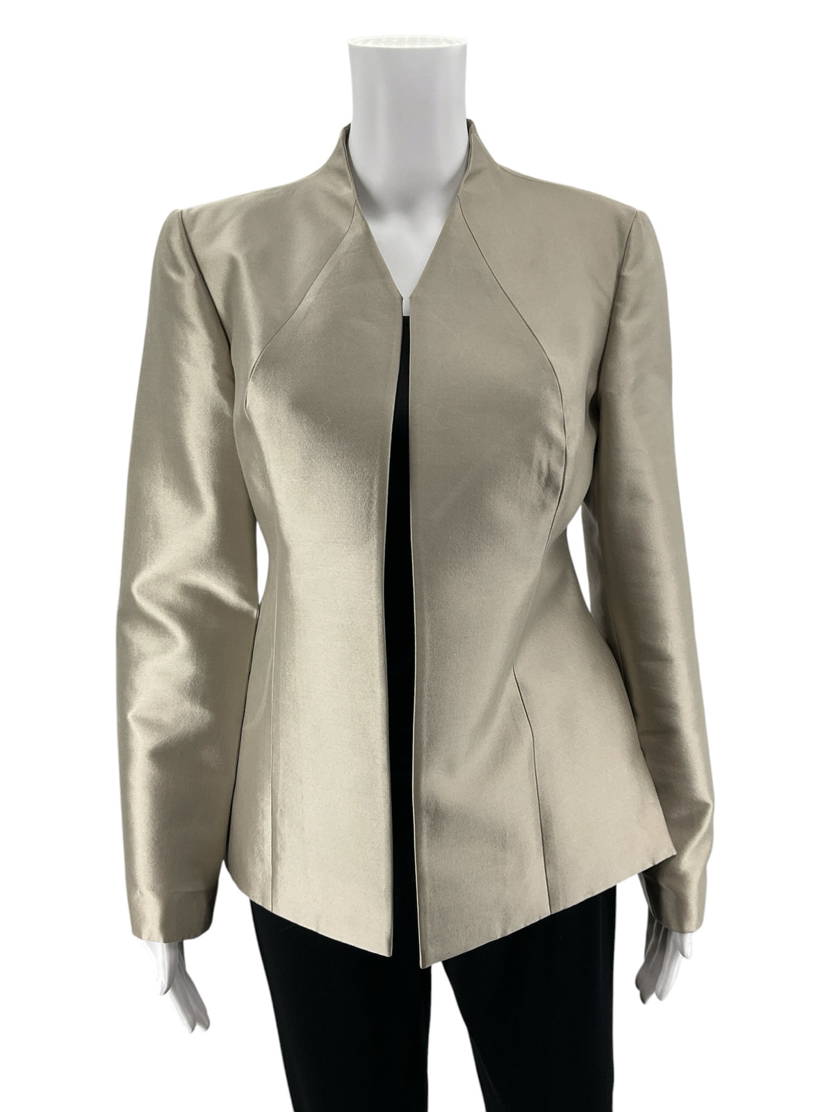 Reba Wool Silk Blend Collarless Open Front Blazer Jacket Champagne Size 6
