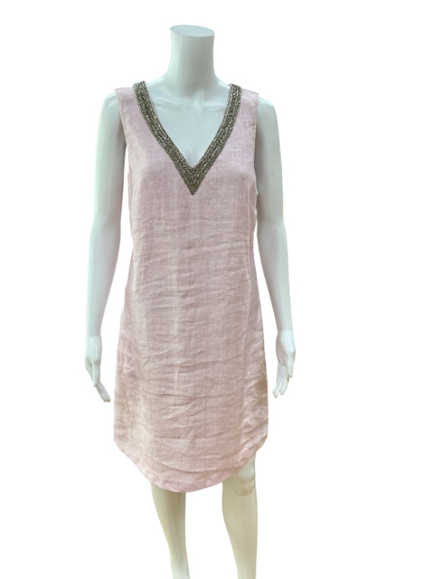 120% Lino Pink Beaded Sleeveless Italian Linen Dress Size Large