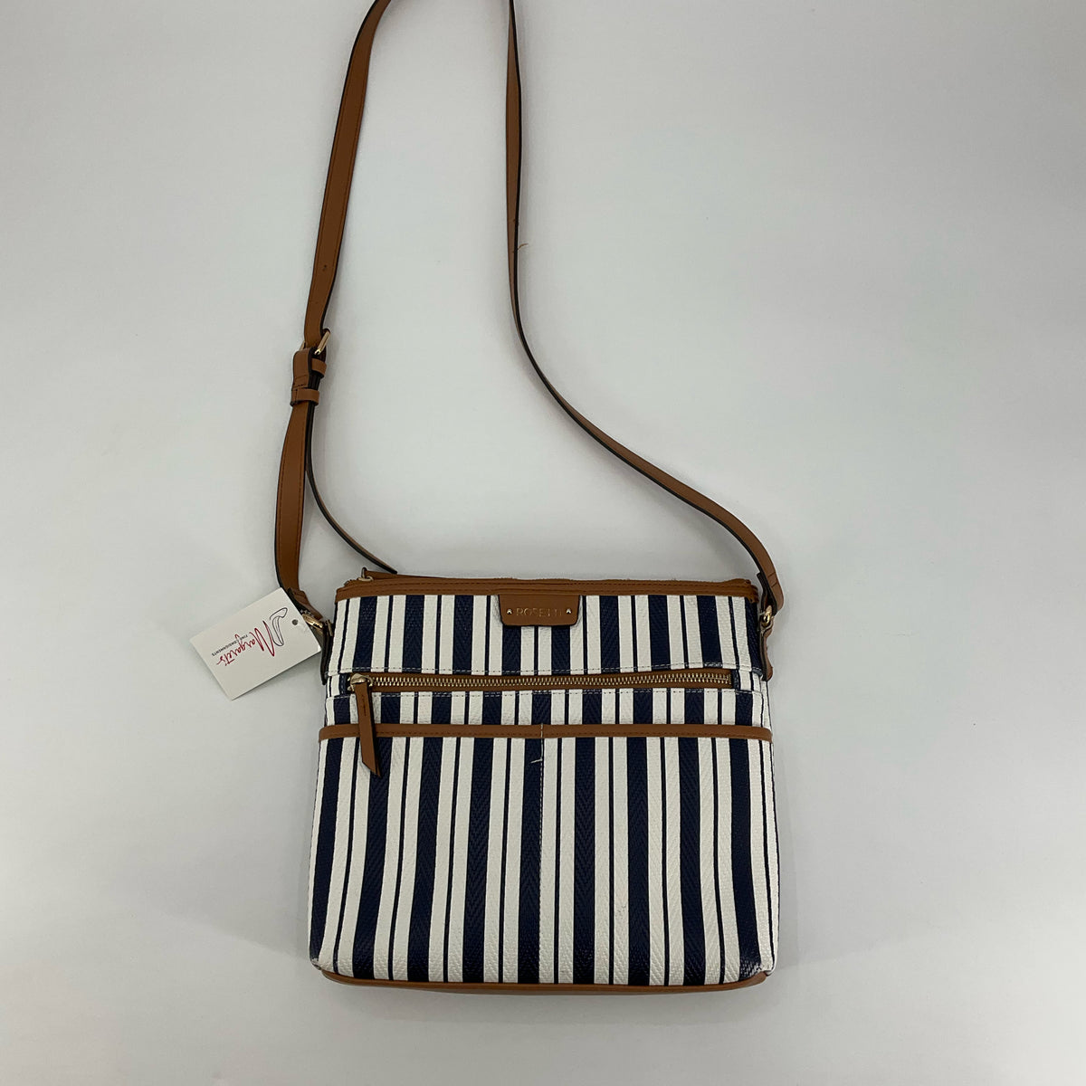 Rosetti White &amp; Navy Striped Crossbody Bag with Tan Trim - ONLINE ONLY