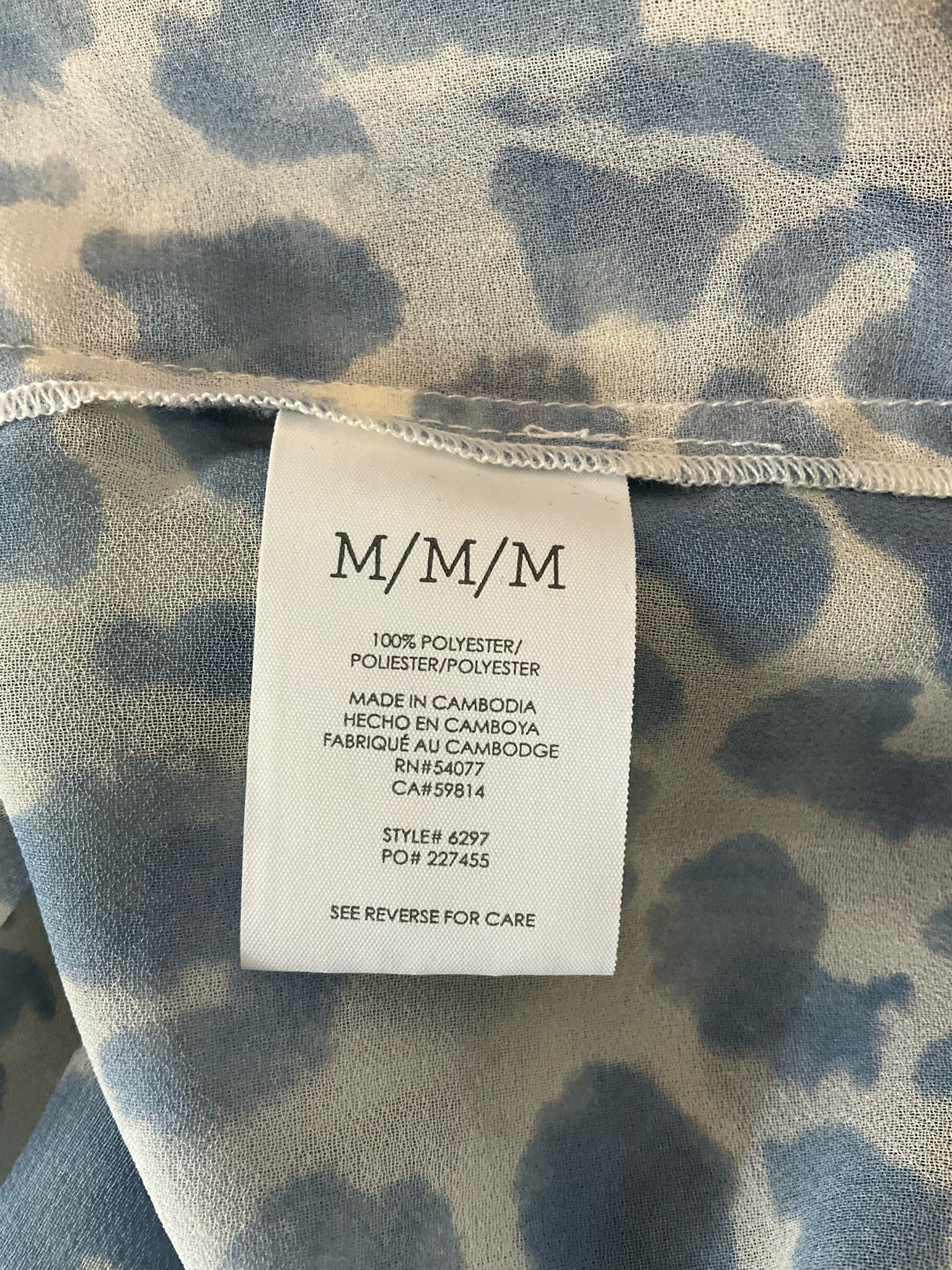 cabi blue/white Long Sleeve Tuxedo Blouse Blue Leopard Print Sheer Long Sleeve Top Size Medium - Size M